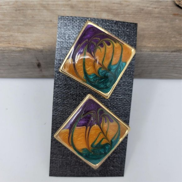 Vintage Enameled Statement Earrings Pierced - Picture 1 of 5